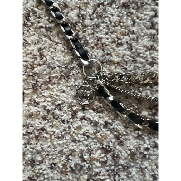 MICHAEL KORS New MK Logo Chain Leather Belt Black Silver 3 Layers On Front 42" - Picture 3 of 6